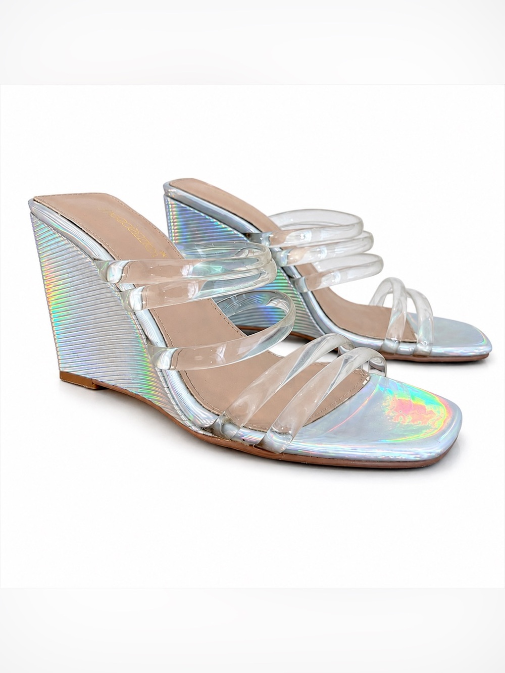 ShoeDazzle Holographic Clear Strap Wedge Sandals | Iridescent | Size